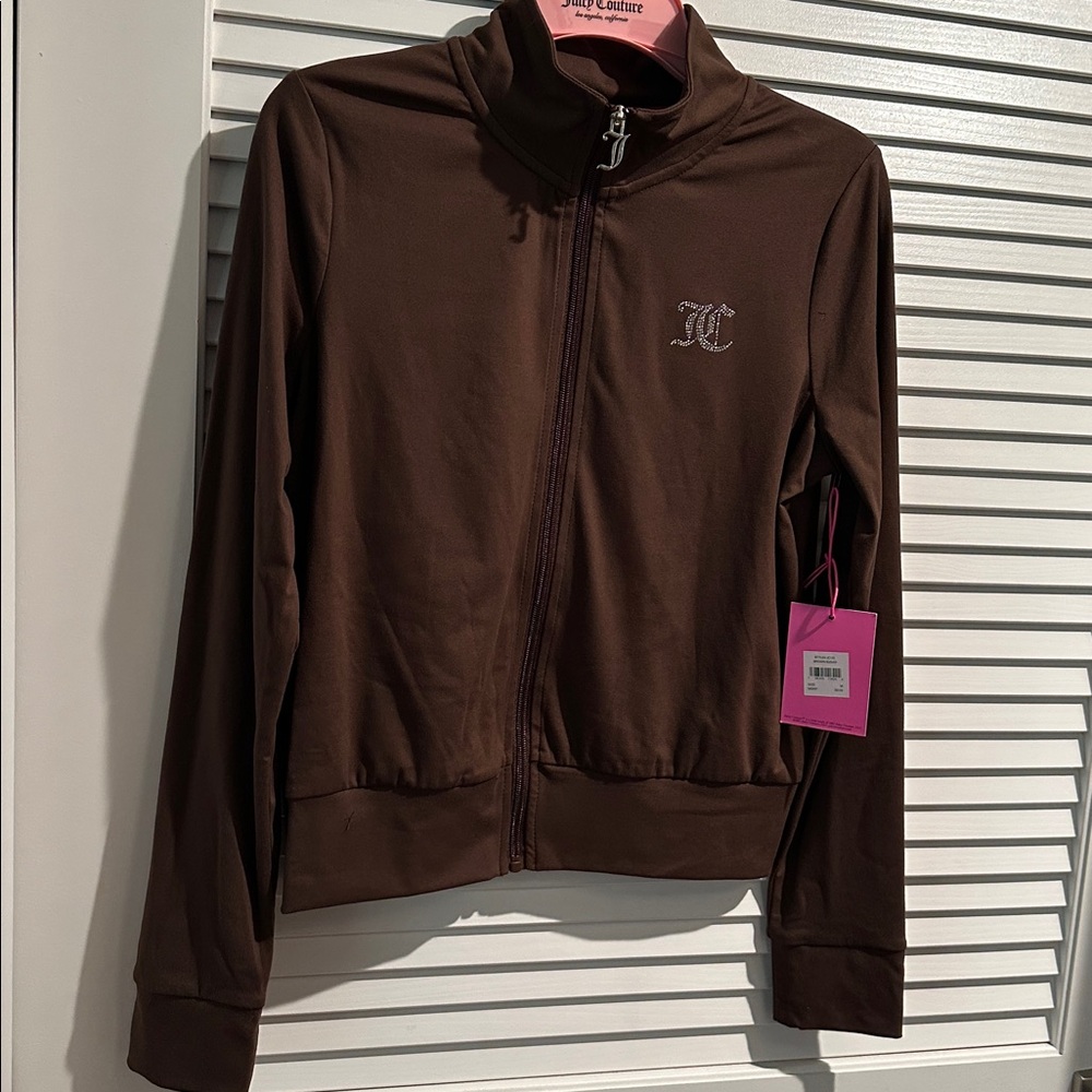 NWT Juicy Couture Chocolate Brown Jersey Mockneck Jacket with Rhinestone. Size M